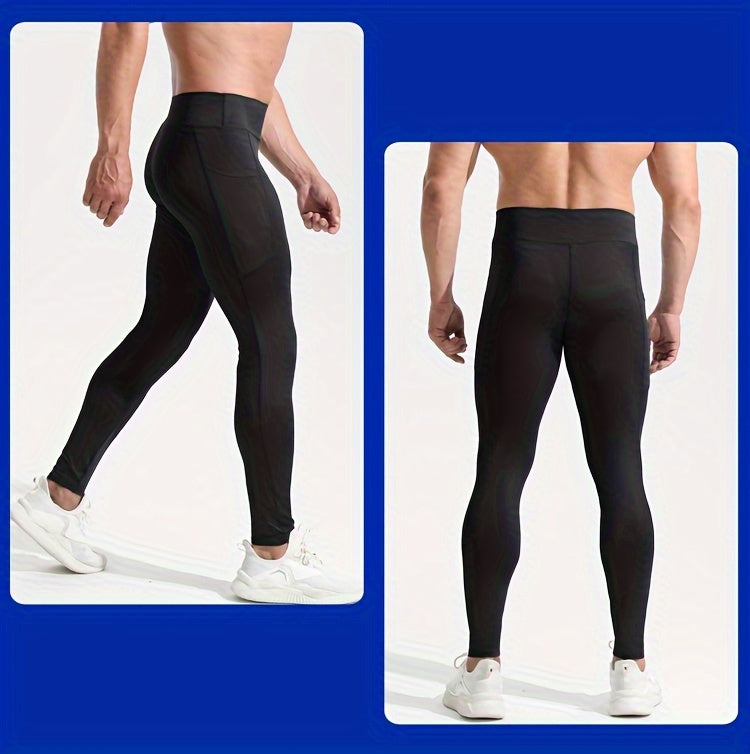 Men'S High Waist Compression Sports Leggings, Quick Dry, High Elastic, Polyester 90% Spandex 10%, Solid Color, Pocket Detail, Knit Fabric, Skinny Fit, Four Seasons, for Running, Yoga, Training, Basketball, Outdoor Activities