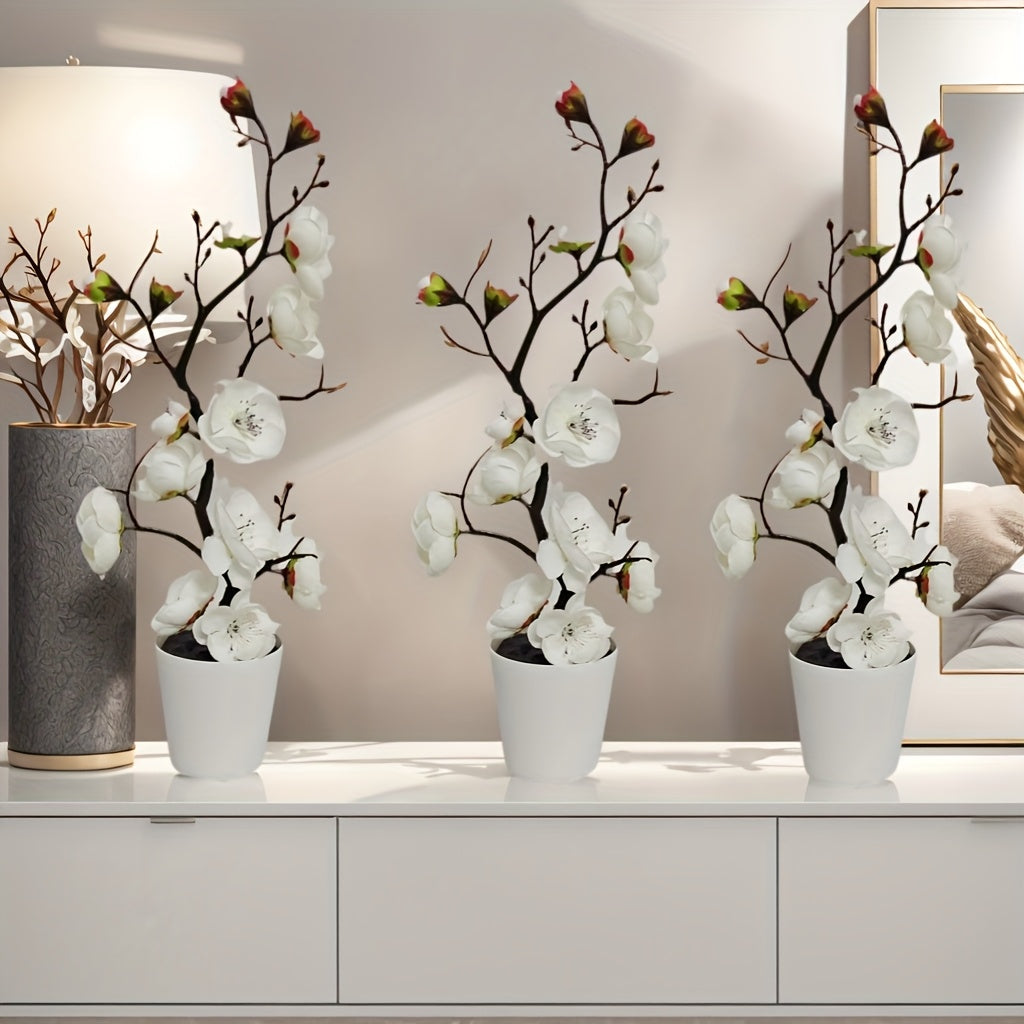 3pcs Elegant Artificial Plum Blossom Set with Vase - Faux Greenery, Simulated Potted Plant, Home Decor and Tabletop Filler, Perfect for Weddings, Festivals, Valentine's Day, Office, DIY Decorations, All-Season Artificial