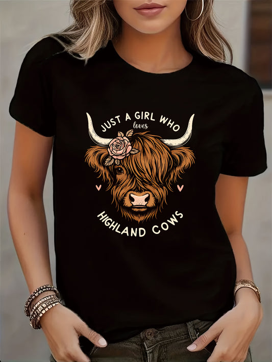 Women'S Highland Cow Graphic T-Shirt - "Just a Who Loves Highland Cows" Design with Floral Accents, Casual Black Short Sleeve Tee, Soft Fabric, Perfect for Summer Outfits, Cow Shirt