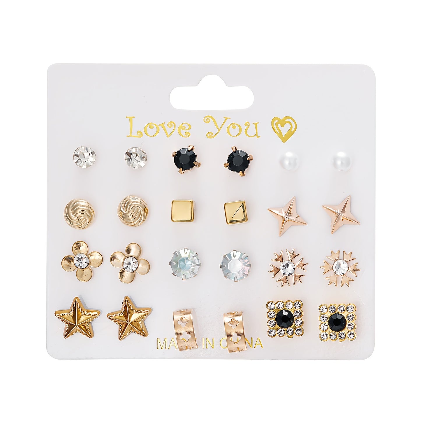 12Pairs/Set Flower Faux Pearl Heart Strawberry Stud Earrings Set, Simple Golden Earrings For Girls, Daily Week Earrings Set, Ideal choice for Gifts