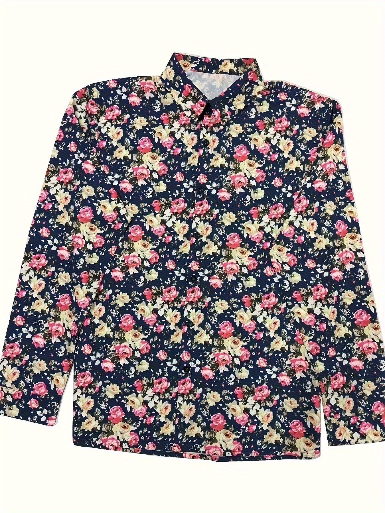 Retro Style Flower Print Men's Casual Long Sleeve Button Up Lapel Shirt, Spring Fall