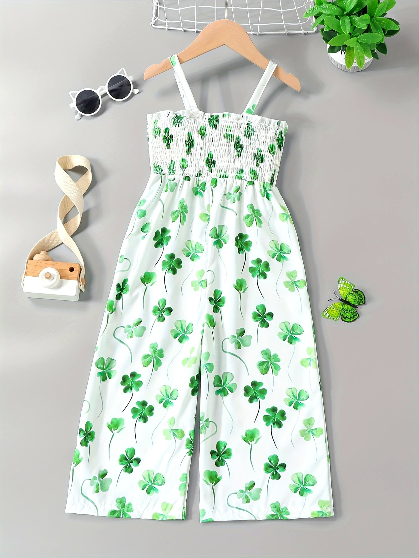[Boho Flower Jumpsuit] Boho Flower Print Girls Shirred Cami Jumpsuit | For Going Out Party Holiday Kids Summer Clothes