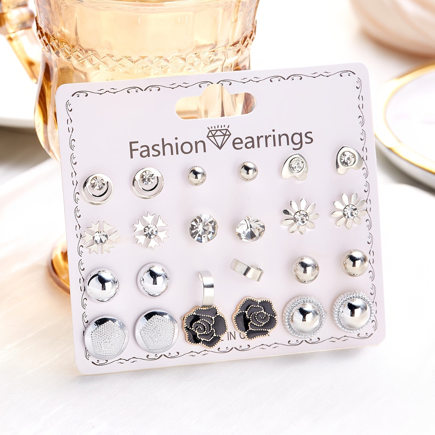 12Pairs/Set Flower Faux Pearl Heart Strawberry Stud Earrings Set, Simple Golden Earrings For Girls, Daily Week Earrings Set, Ideal choice for Gifts