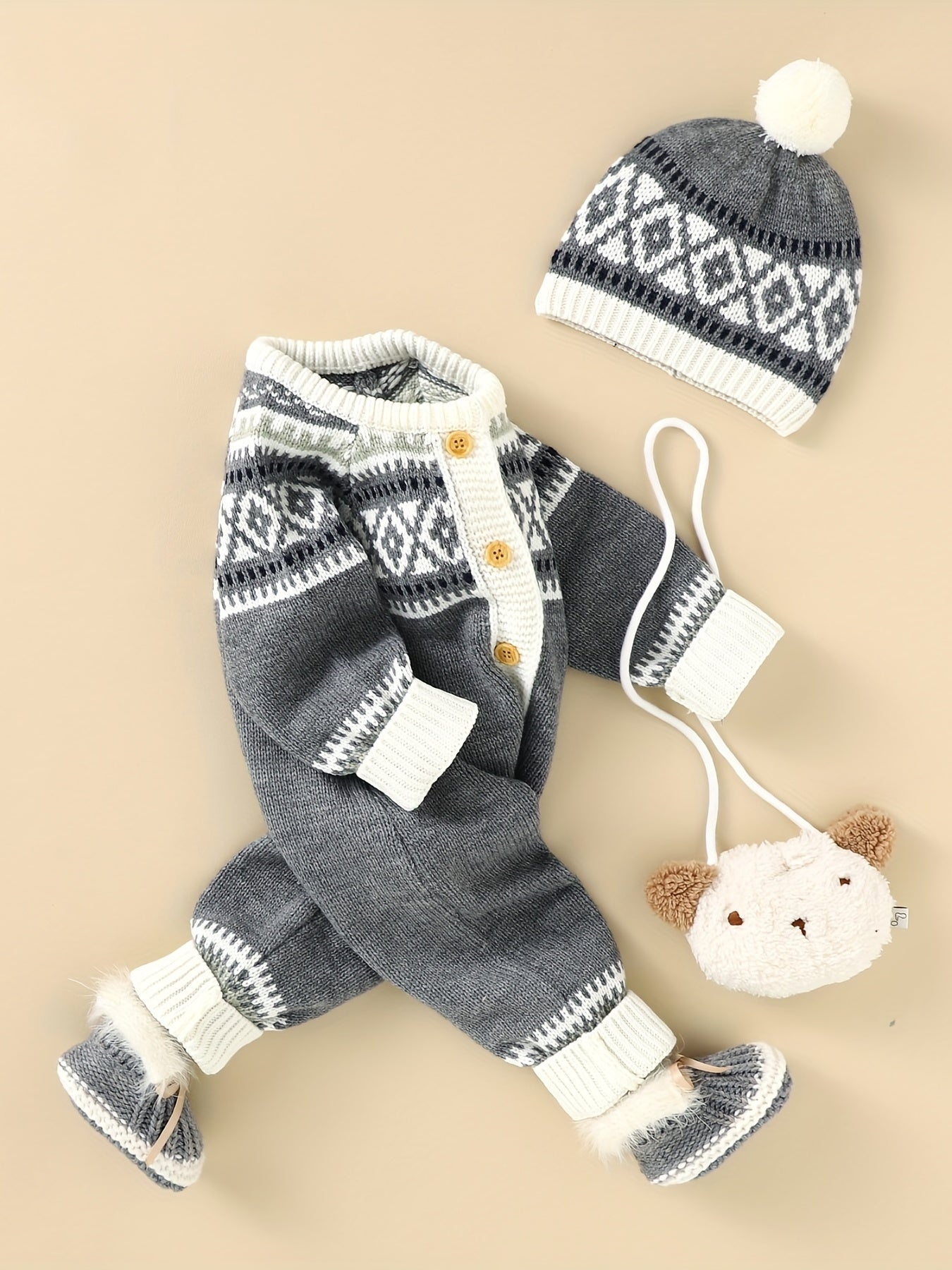 Newborn Infant Geometric Pattern Sweater Romper Long Sleeve Button Jumpsuit & Hat For Toddler Baby Boys And Girls, Suitable For Indoor And Outdoor Wear