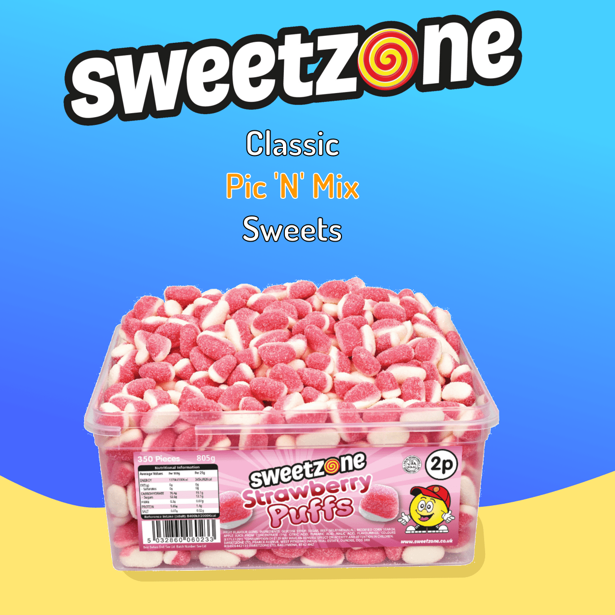 Sweetzone Strawberry Puff - 805G Tub - 350pcs - Pic N Mix Style Sweets