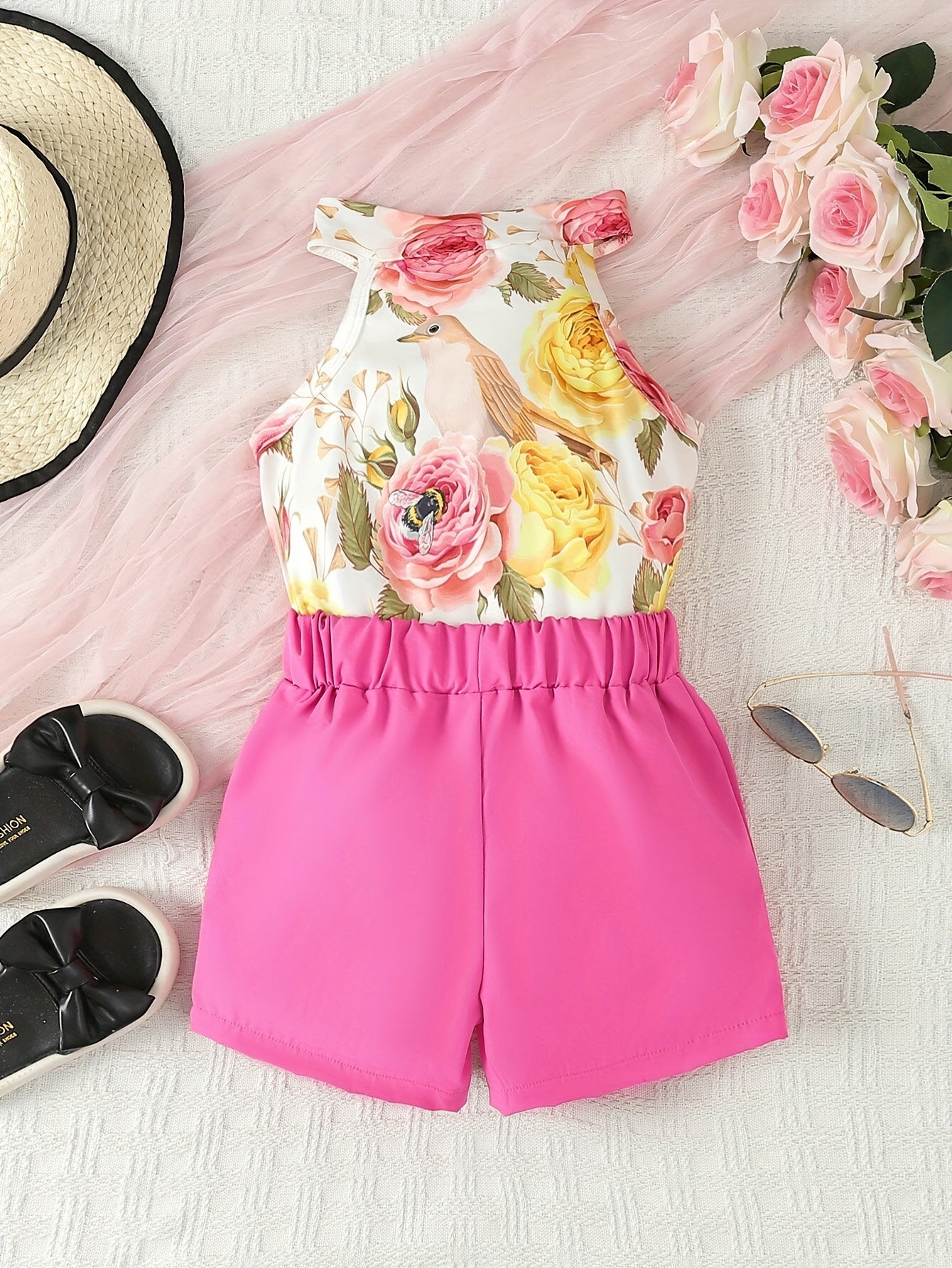 Sweet Girls 2pcs Flower Print Halter Neck Sleeveless Top + Shorts Set Summer Outdoor Clothes Gift