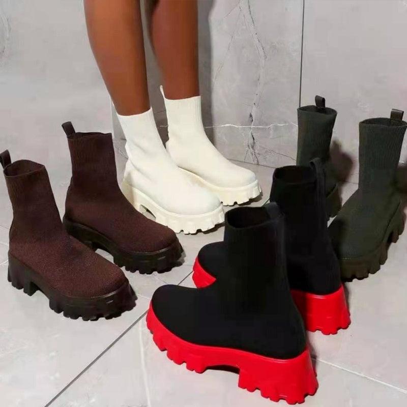 Women's Thick-soled Short Boots, Knitted Round Toe Shoes, Women Shoes