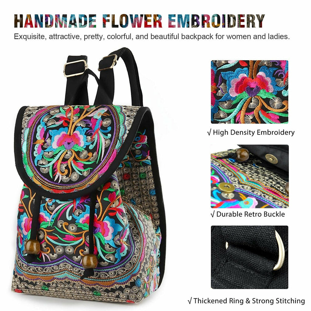 GUDAOBELL Vintage Embroidered Women's Backpack, Ethnic Style Travel Daypack  Bag, Tote Shoulder Bag