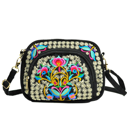 Women's Crossbody Bag - Embroidered Floral Design, Lightweight Canvas with Polyester Lining - Casual & Travel | Removable Strap | Zipper Closure & Phone Pocket