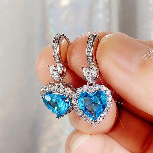 Aqua Blue Red Stone Heart Shaped Wedding Earrings for Women Eternity Love Earrings Engagement Additions Fashion Jewelry
