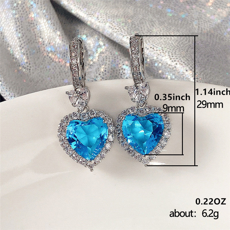 Aqua Blue Red Stone Heart Shaped Wedding Earrings for Women Eternity Love Earrings Engagement Additions Fashion Jewelry