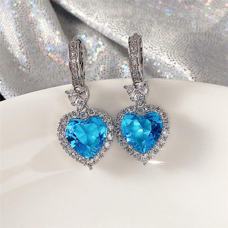 Aqua Blue Red Stone Heart Shaped Wedding Earrings for Women Eternity Love Earrings Engagement Additions Fashion Jewelry