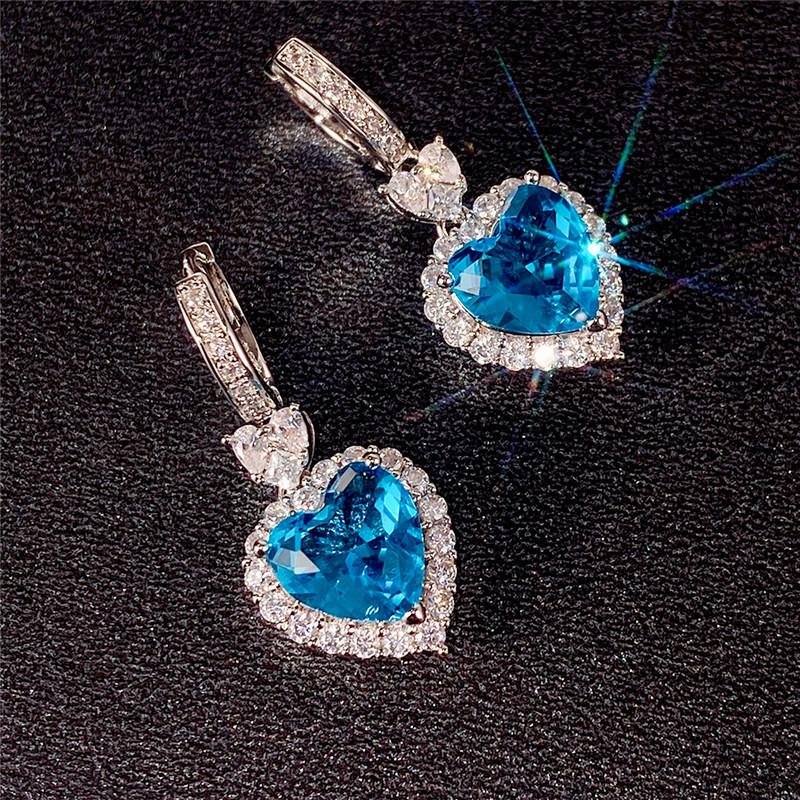 Aqua Blue Red Stone Heart Shaped Wedding Earrings for Women Eternity Love Earrings Engagement Additions Fashion Jewelry