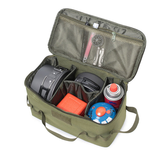 Rugged Comfort| Durable Oxford Cloth Camping Gas Tank Storage Bag with Ground Nail & Cookware Compartments - Portable, Multi-Pocket Design for Outdoor Adventures, Green