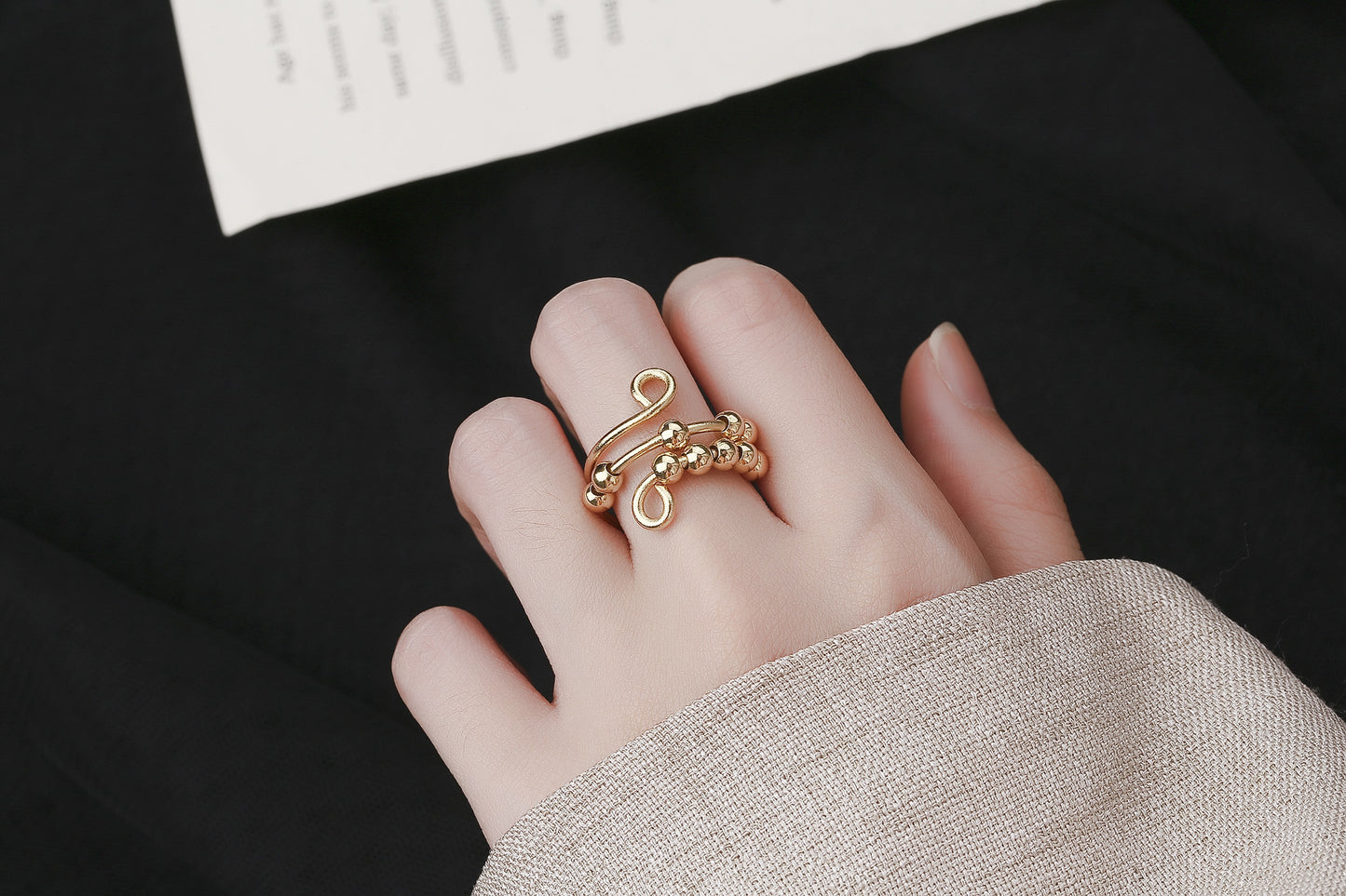 Stainless Steel Relief Ring Open Adjustable Size Creative Beads Fidget Ring Gift for Women