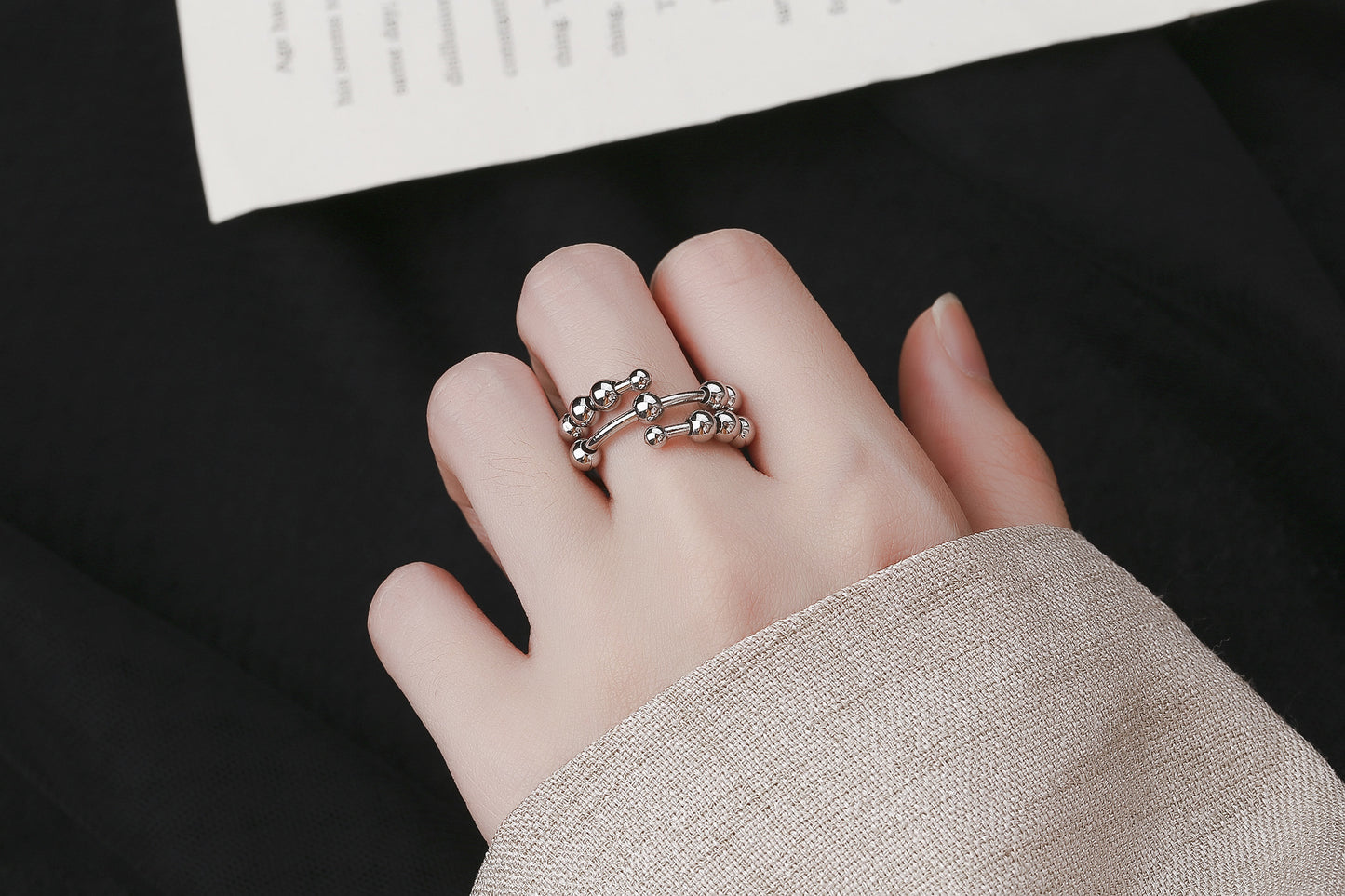 Stainless Steel Relief Ring Open Adjustable Size Creative Beads Fidget Ring Gift for Women