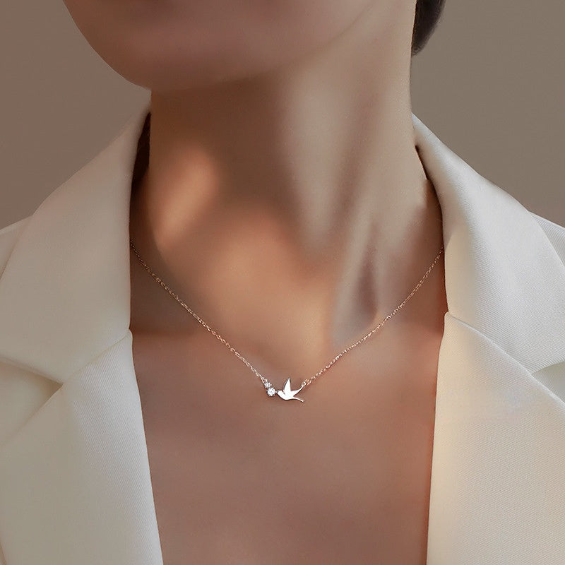 Cute Swallow Shape Pendant Necklace Inlaid Shiny Rhinestones Elegant Neck Jewelry For Women