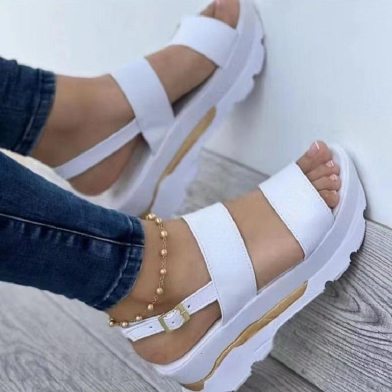 Non Slip Women's Platform Open Toe Sandals, Solid Color Ankle Buckle Strap Casual Outdoor Shoes