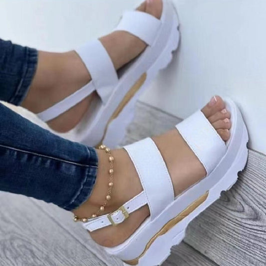 Non Slip Women's Platform Open Toe Sandals, Solid Color Ankle Buckle Strap Casual Outdoor Shoes