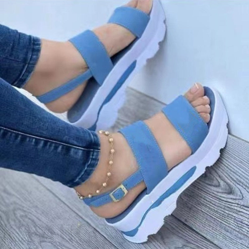 Non Slip Women's Platform Open Toe Sandals, Solid Color Ankle Buckle Strap Casual Outdoor Shoes