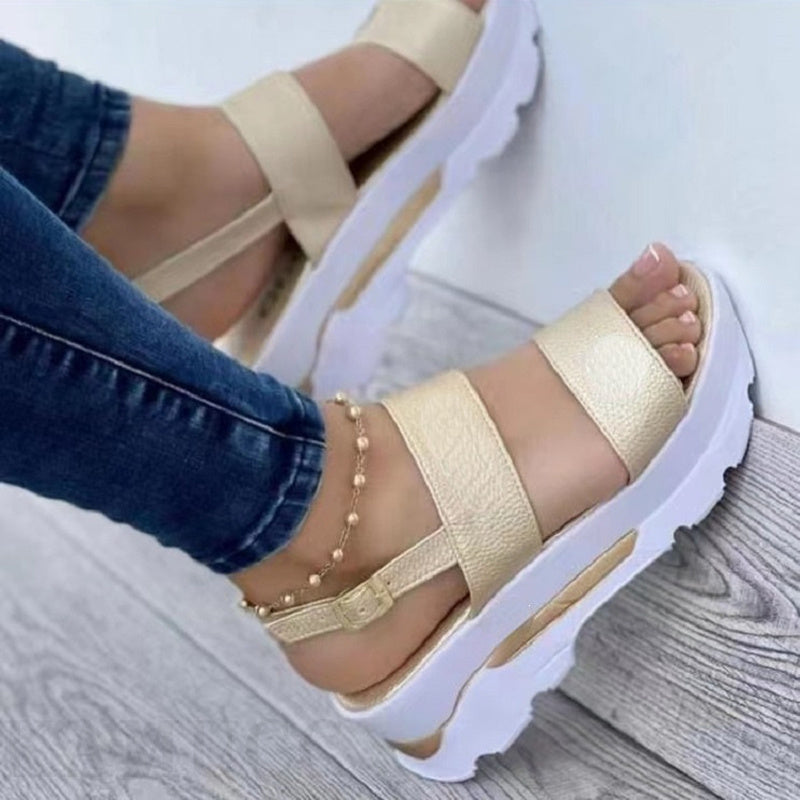 Non Slip Women's Platform Open Toe Sandals, Solid Color Ankle Buckle Strap Casual Outdoor Shoes