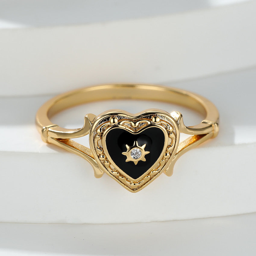 Bohemian Heart Golden Color Ring For Women Love Heart Black Enamel Ring Female Finger Statement Jewelry Valentine's Day Gift