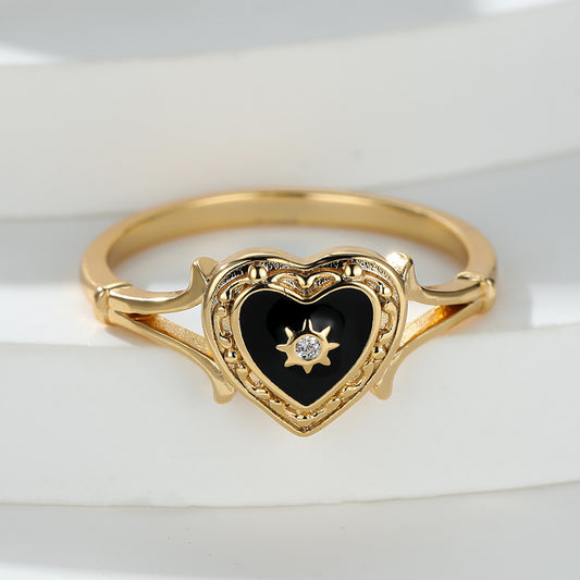 Bohemian Heart Golden Color Ring For Women Love Heart Black Enamel Ring Female Finger Statement Jewelry Valentine's Day Gift