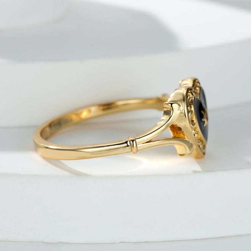 Bohemian Heart Golden Color Ring For Women Love Heart Black Enamel Ring Female Finger Statement Jewelry Valentine's Day Gift