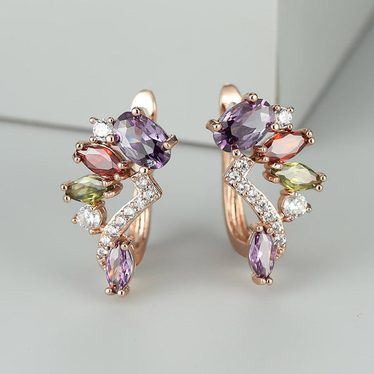 Radiant Multicolor Birthstone Dangle Earrings - Vibrant Marquise Gems in Flower & Leaf Design - Delicate Ear Cuffs for Nature Lovers - Hypoallergenic, Perfect Gift Idea