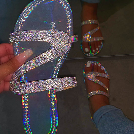 Shimmering Rhinestone Slide Sandals - Adjustable Loop Toe Flat Shoes - Stylish Beach Wear for Women