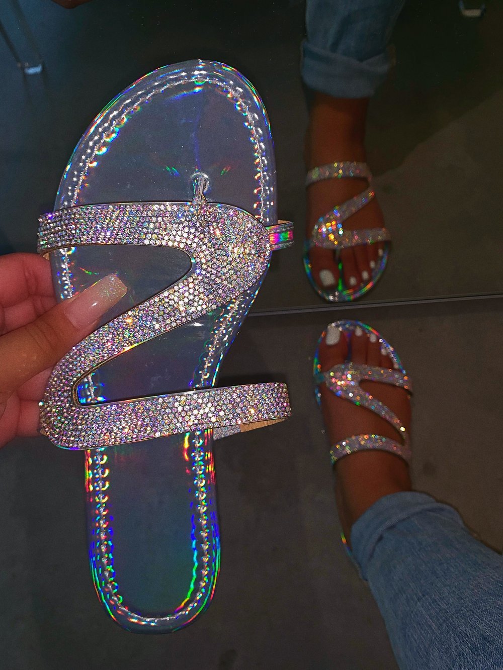 Shimmering Rhinestone Slide Sandals - Adjustable Loop Toe Flat Shoes - Stylish Beach Wear for Women