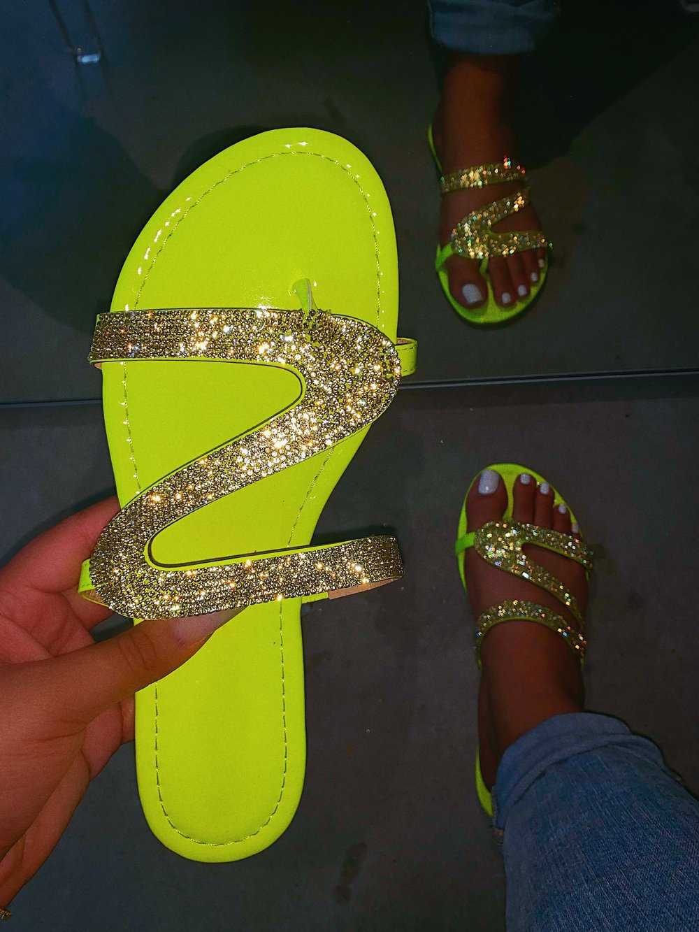 Shimmering Rhinestone Slide Sandals - Adjustable Loop Toe Flat Shoes - Stylish Beach Wear for Women