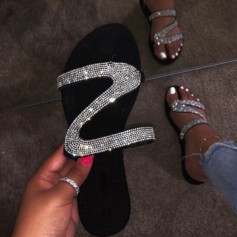 Shimmering Rhinestone Slide Sandals - Adjustable Loop Toe Flat Shoes - Stylish Beach Wear for Women