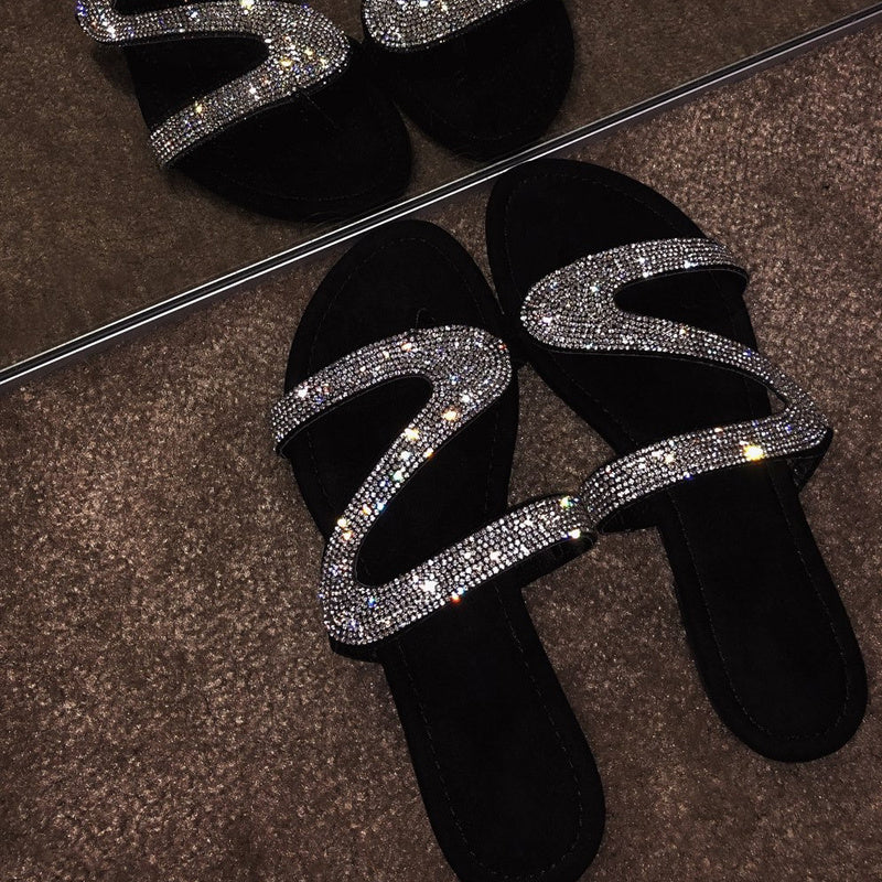 Shimmering Rhinestone Slide Sandals - Adjustable Loop Toe Flat Shoes - Stylish Beach Wear for Women