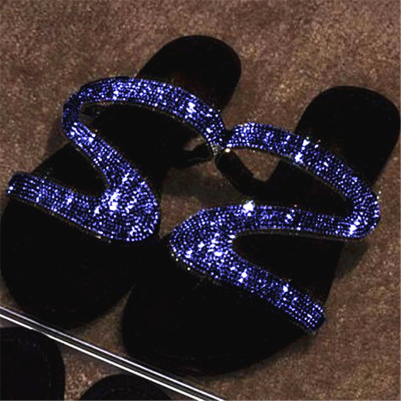 Shimmering Rhinestone Slide Sandals - Adjustable Loop Toe Flat Shoes - Stylish Beach Wear for Women