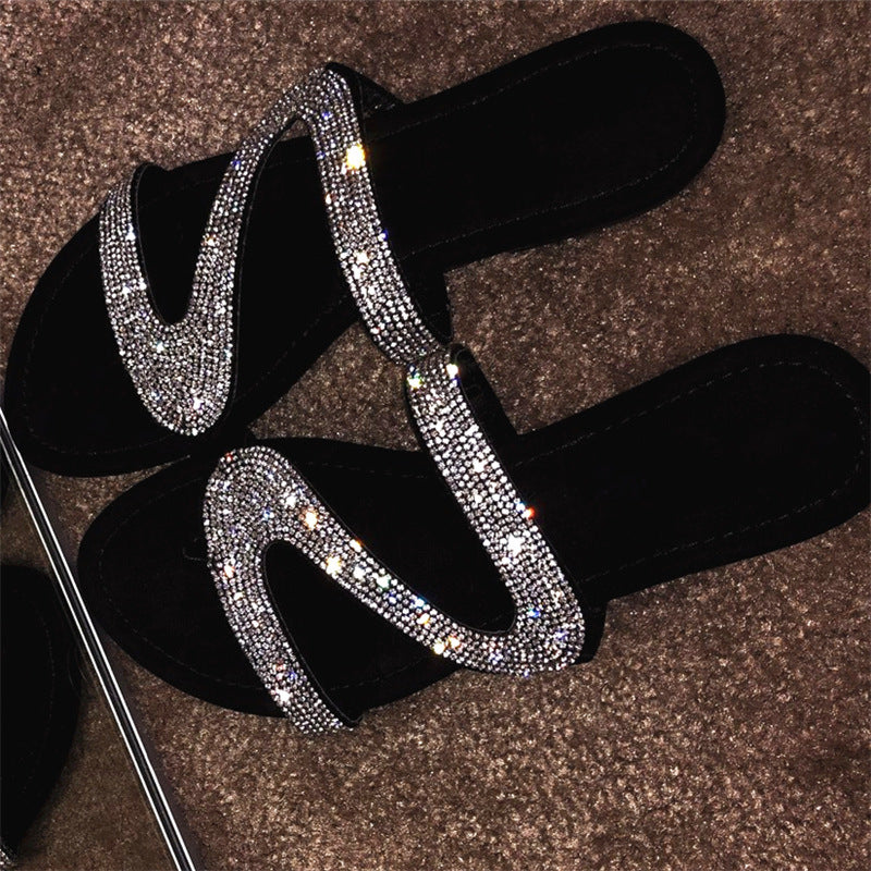 Shimmering Rhinestone Slide Sandals - Adjustable Loop Toe Flat Shoes - Stylish Beach Wear for Women