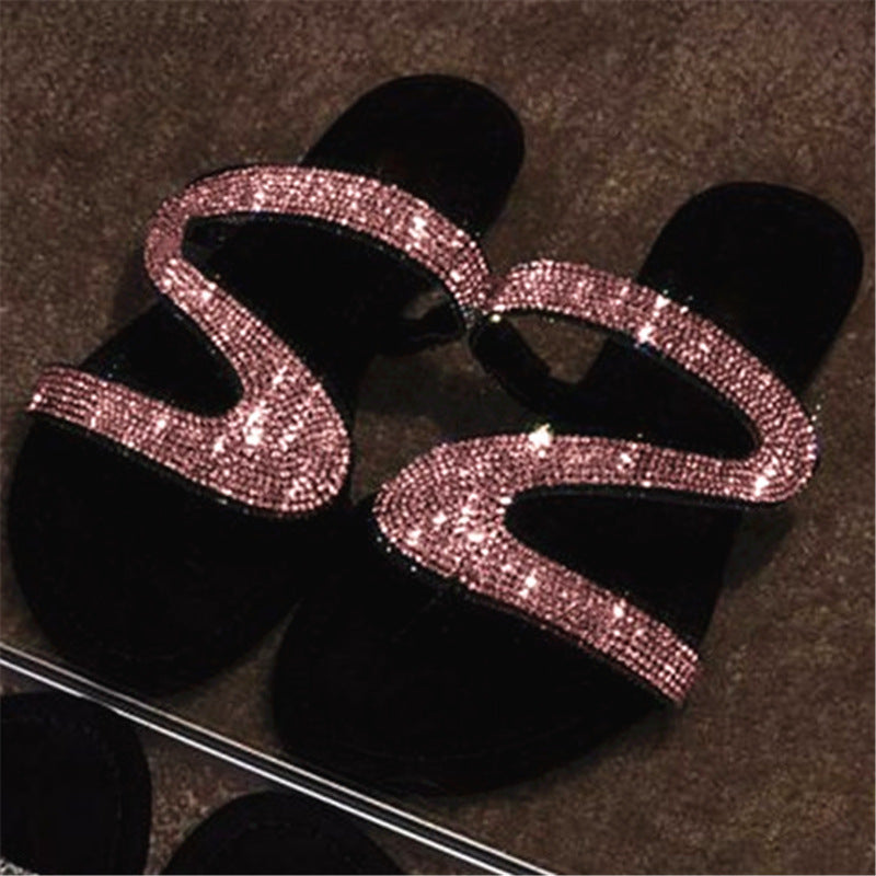 Shimmering Rhinestone Slide Sandals - Adjustable Loop Toe Flat Shoes - Stylish Beach Wear for Women