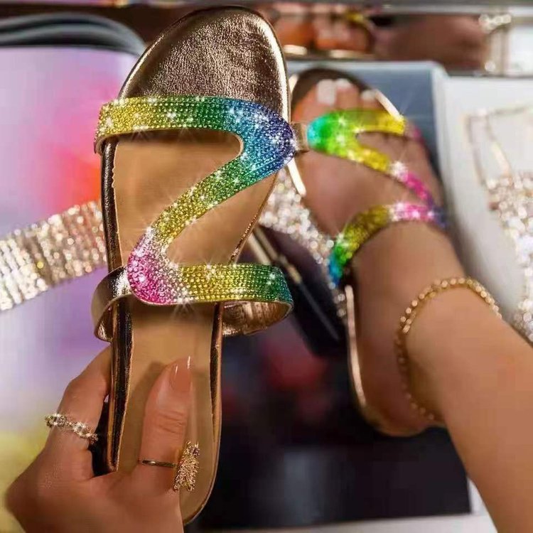 Shimmering Rhinestone Slide Sandals - Adjustable Loop Toe Flat Shoes - Stylish Beach Wear for Women