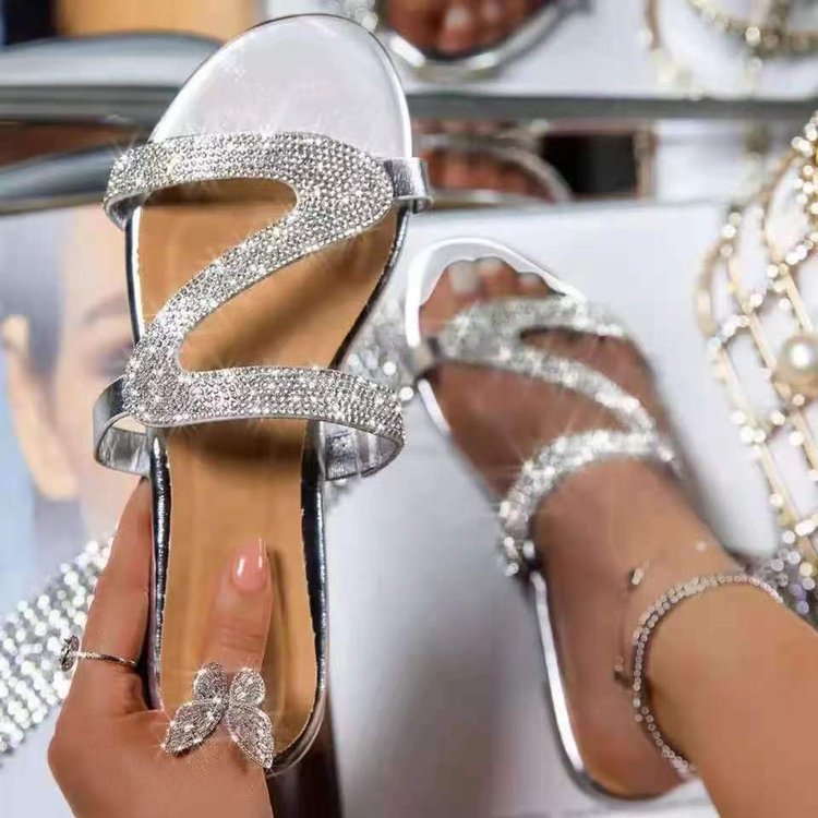 Shimmering Rhinestone Slide Sandals - Adjustable Loop Toe Flat Shoes - Stylish Beach Wear for Women