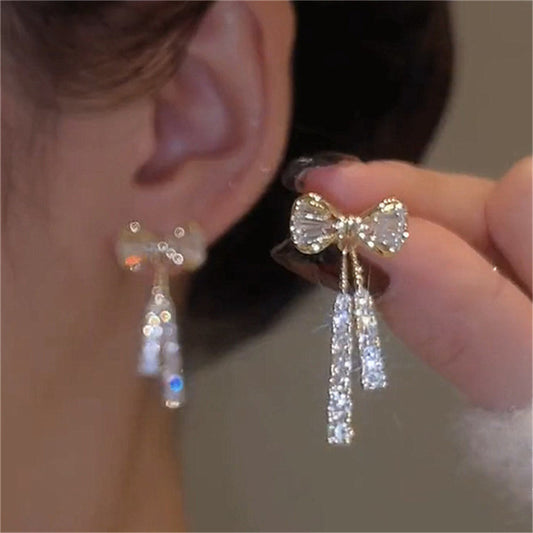 Elegant Silver-Plated Bowknot Earrings with Sparkling Cubic Zirconia Tassels - Ideal for Weddings and Gifts