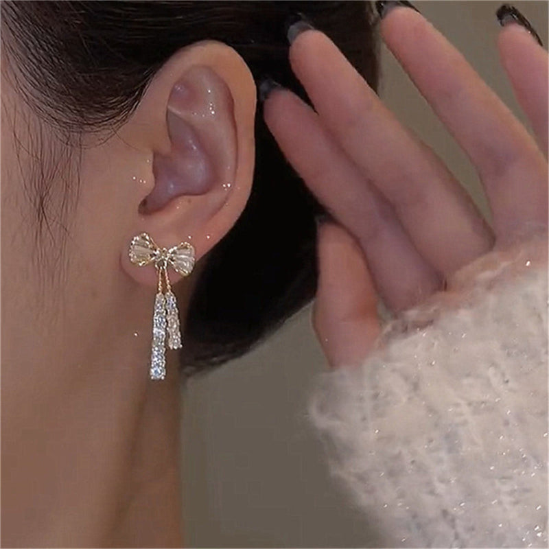 Elegant Silver-Plated Bowknot Earrings with Sparkling Cubic Zirconia Tassels - Ideal for Weddings and Gifts