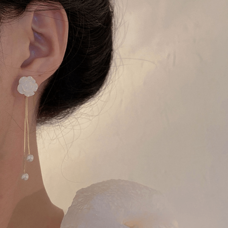 Faux Pearl Flower Tassel Earrings Alloy Dangle Earrings For Women Elegant Ear Jewelry Accessories