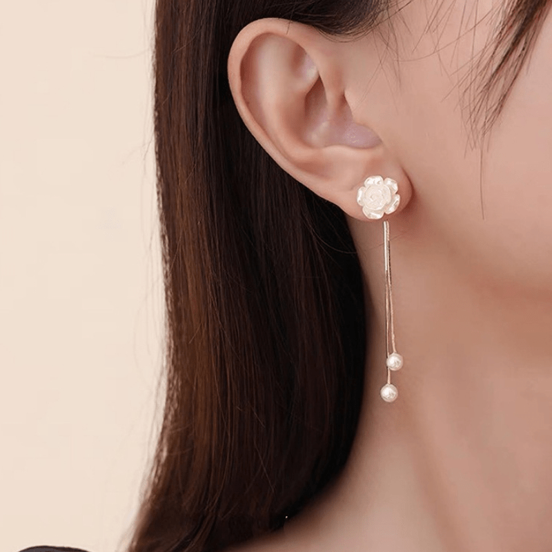 Faux Pearl Flower Tassel Earrings Alloy Dangle Earrings For Women Elegant Ear Jewelry Accessories