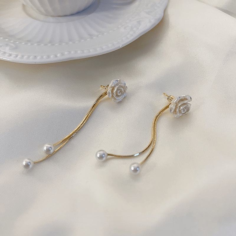 Faux Pearl Flower Tassel Earrings Alloy Dangle Earrings For Women Elegant Ear Jewelry Accessories