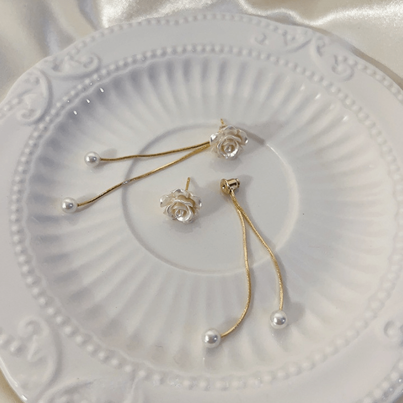 Faux Pearl Flower Tassel Earrings Alloy Dangle Earrings For Women Elegant Ear Jewelry Accessories