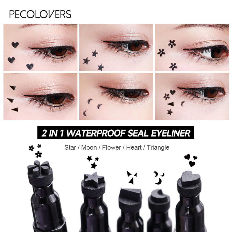 PECOLORVERS 2 in 1 Waterproof Black Liquid Eyeliner & Stamp Set - Alcohol Free, Quick-Drying Eye Makeup with Star, Moon, Heart, Flower Stamps