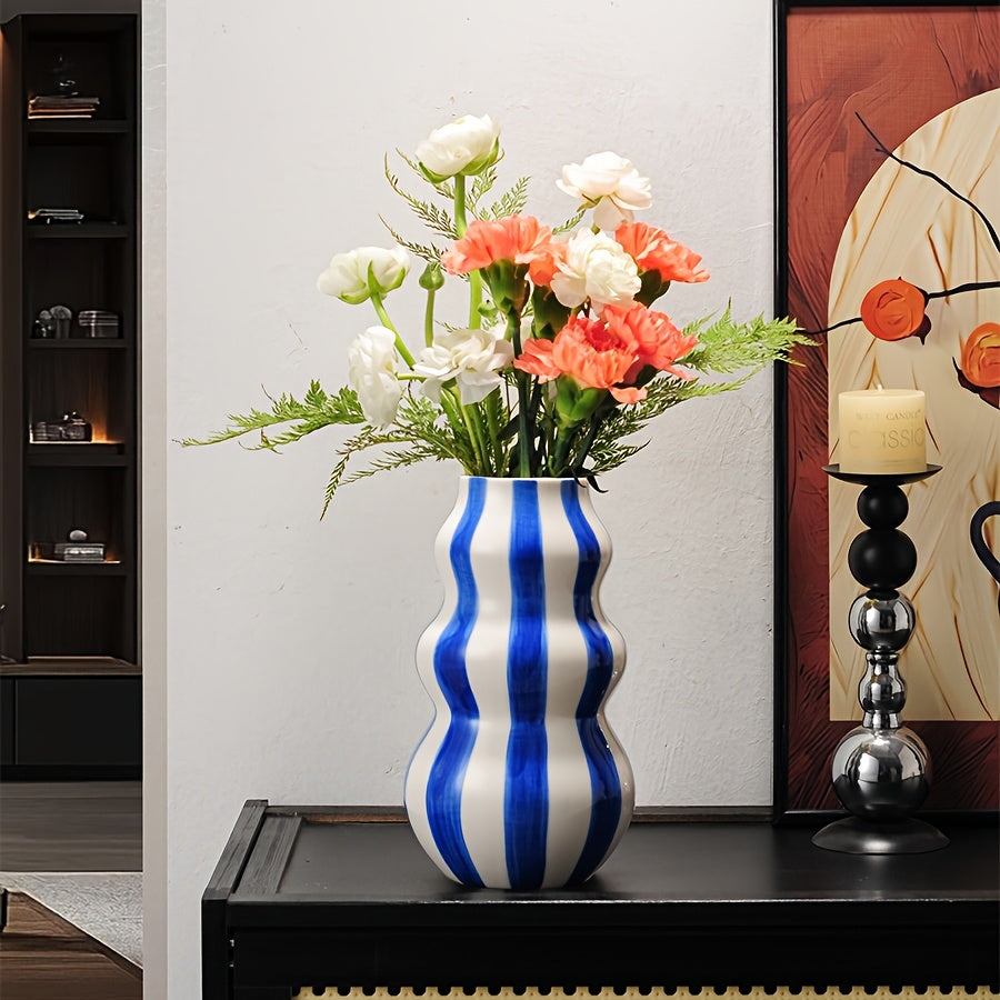 1pc Modern Ceramic Striped Vase – Elegant Cylindrical Design in Blue, Green, Red & White Stripes, Perfect for Hydroponic Plant Arrangements in Living Room, Balcony, or Home Decor, Living Room Accent | Modern Ceramic Vase |