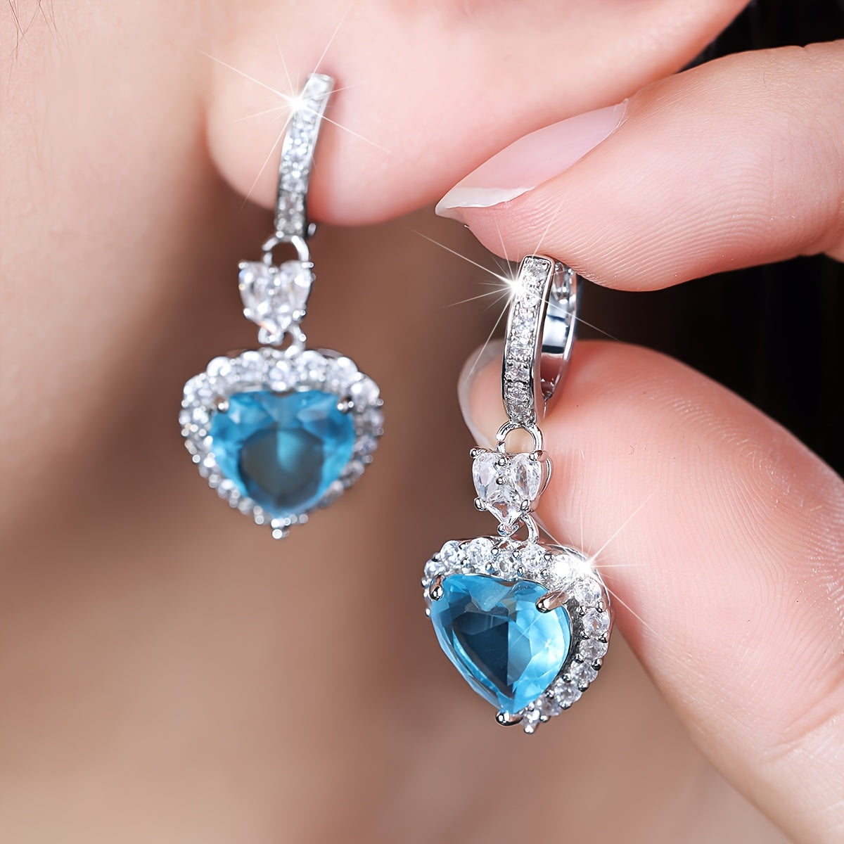 Aqua Blue Red Stone Heart Shaped Wedding Earrings for Women Eternity Love Earrings Engagement Additions Fashion Jewelry