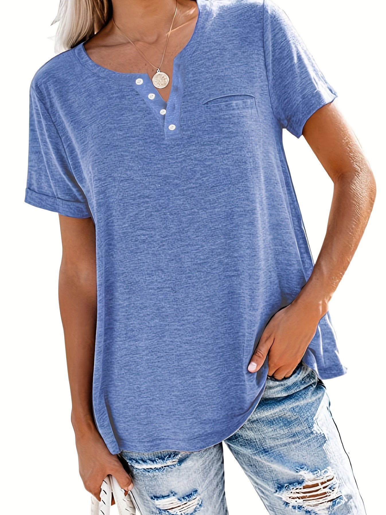 Plus Size Button Front Short Sleeve T-shirt, Women's Plus Slight Stretch Casual Tee
