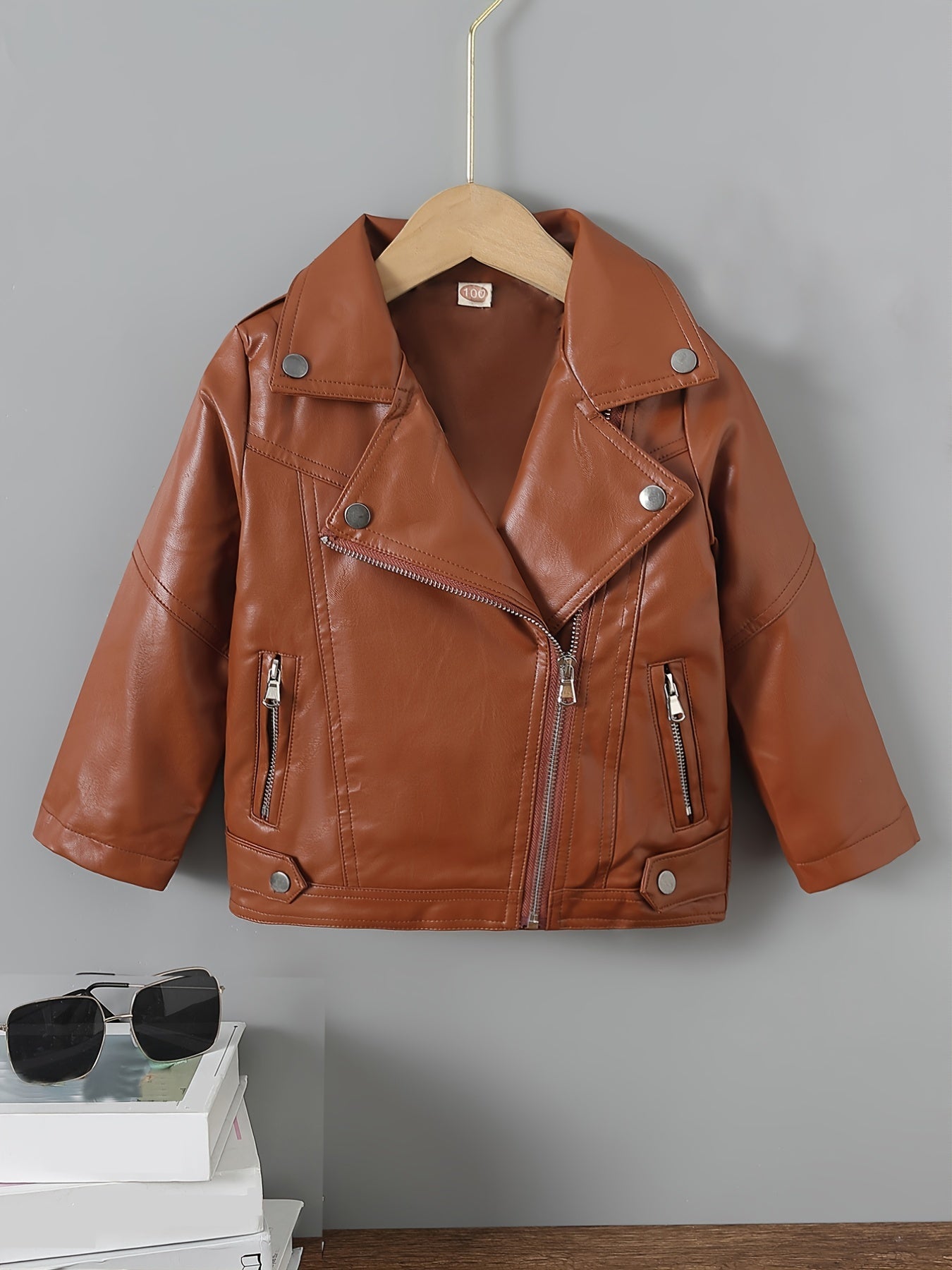 Children's Lapel PU Leather Jacket Zipper Coat Top For Girls And Boys Kids Clothes